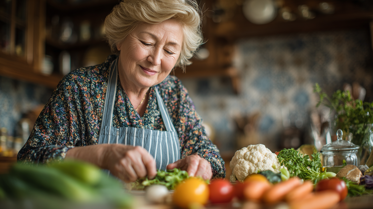Активна възрастна жена се усмихва докато готви здравословна храна